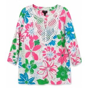 Talbots Tropical Floral Crochet Lace Yoke Cotton Tunic Blouse Pink Blue 1XP